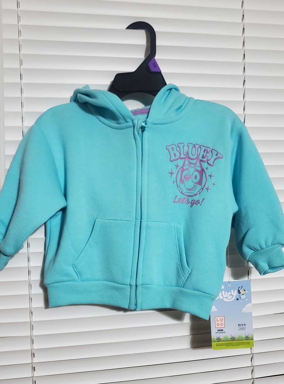 NWT, Aqua Bluey Zip-Up Hoodie With Purple Puff Style Logo, 12 Months